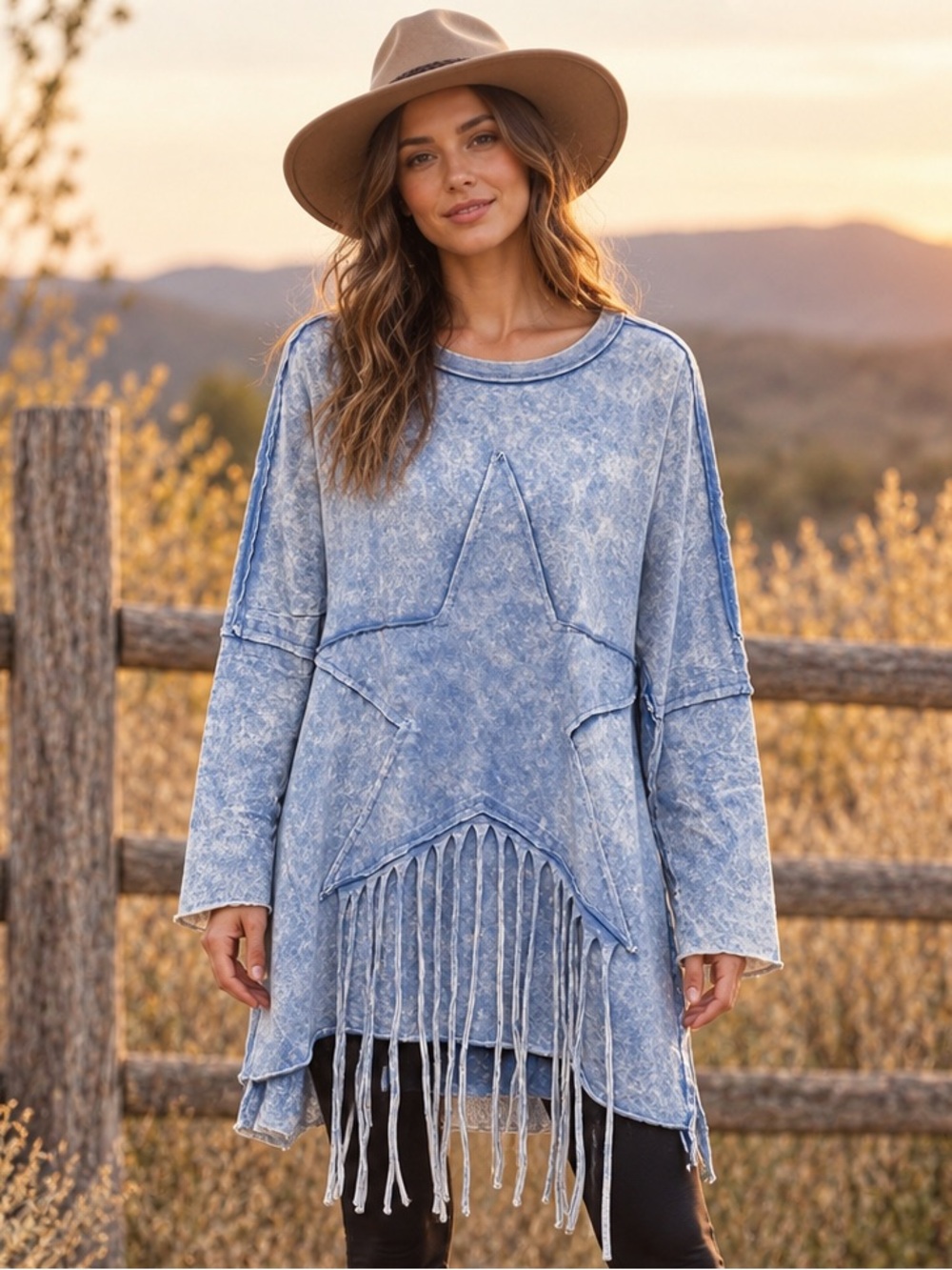 Blue Velvet Oversized Tunic Top - Mineral Wash - Star - Fringe NWT
